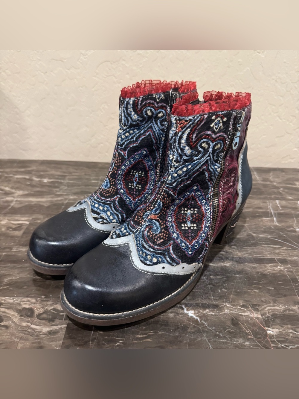 Socofy Bohemian Leather and Tapestry Patchwork Boots